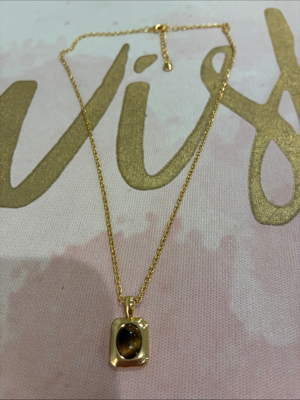 Gold Tone Tiger Eye Brown Stone Center Pendant Necklace